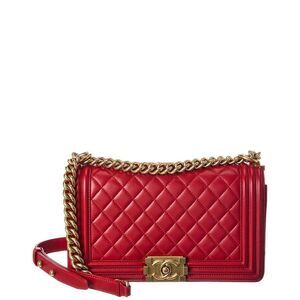 Chanel Red Quilted Lambskin Leather Old Medium Boy Flap (Authentic Pre-Loved)